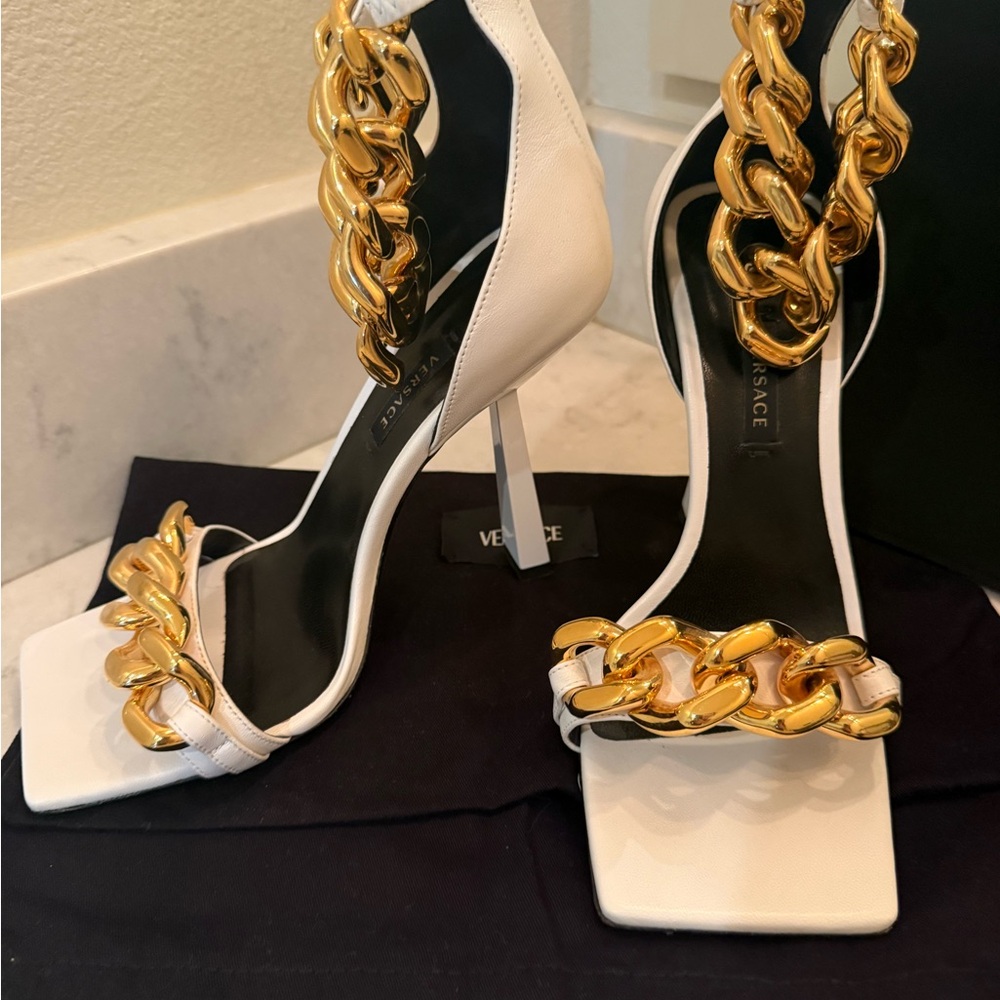 Versace White Leather Chain-Accent High Heel Sandals Including Pouch - Picture 2 of 7